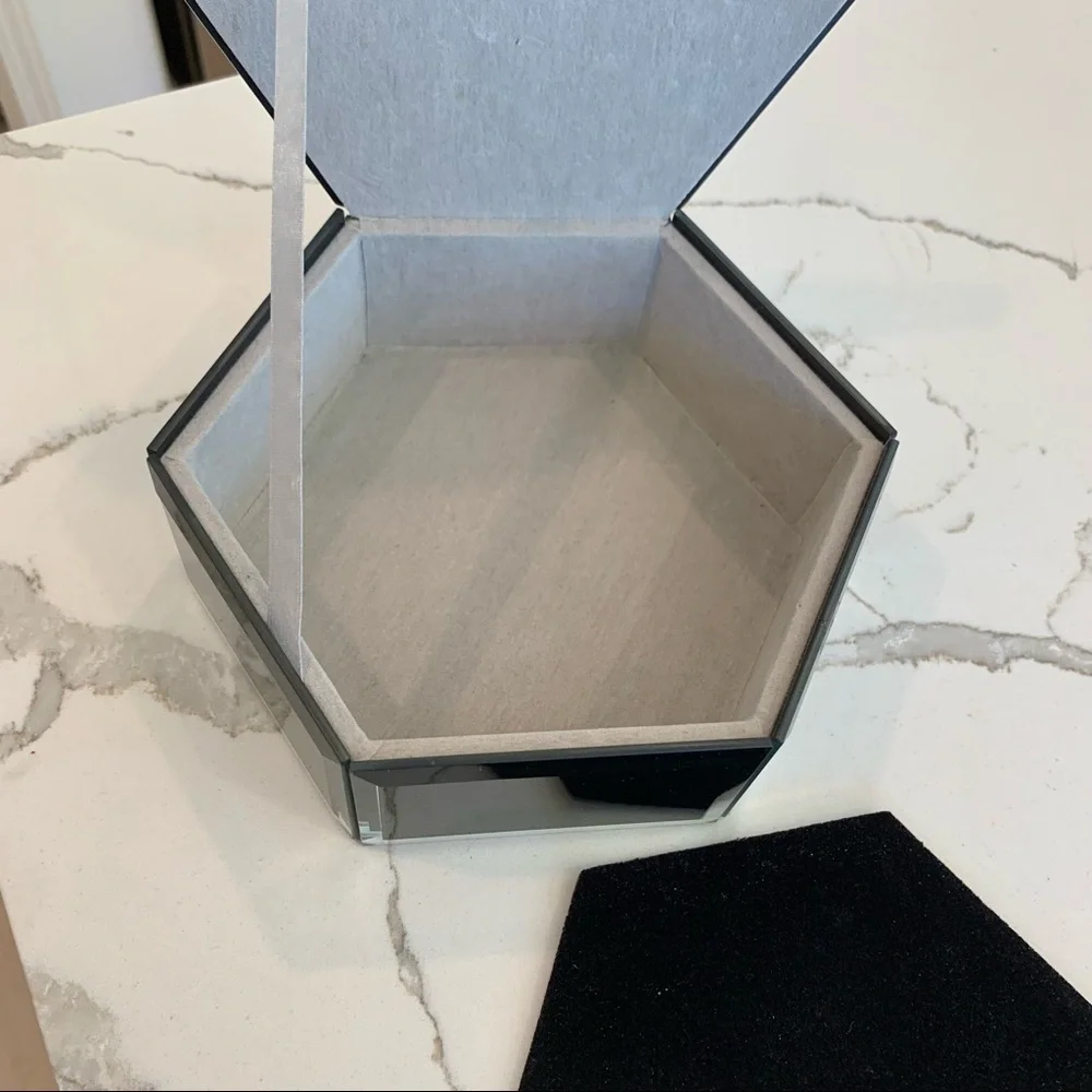 Marchesa Black Hexagon Mirrored Glass Velvet-Lined Jewelry Vanity Trinket Box